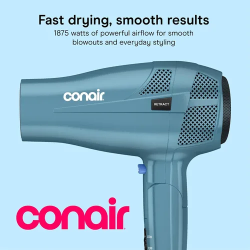 Vista 2 de Secador de pelo iónico Conair de 1875 W con mango plegable y guardacables, Azul Cable retráctil con mango plegable de doble voltaje de 1875 W