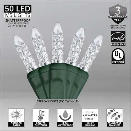Vista 2 de 50 luces LED M5 blancas frías para Navidad, tira de mini luces de calibre comercial para interiores/exteriores con cable verde de 17 pies