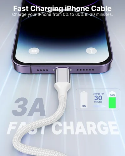 Vista 3 de Cargador Aioneus para iPhone. Paquete de 3 cables USB A a Lightning con certificación MFi Cable Lightning corto trenzado de nailon para iPhone