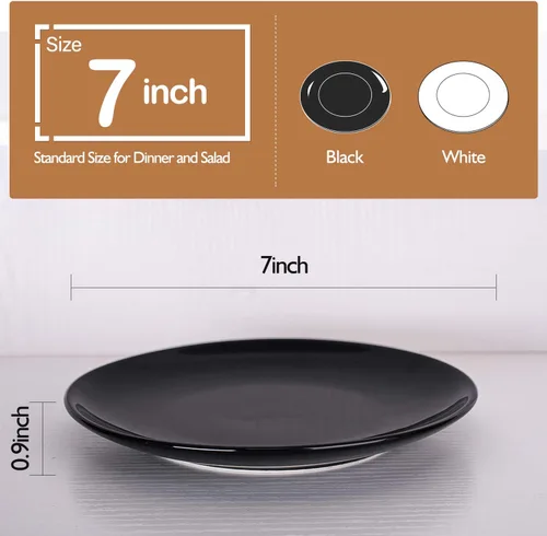 Vista 2 de DELLING Platos de porcelana para aperitivos, platos negros de postre y ensalada de 7 pulgadas, platos llanos pequeños para acompañamientos