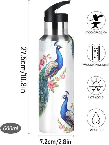 Vista 9 de Stainless Steel Vacuum Insulated Water Bottle 20 Oz, BPA-Free Sport Water Bottle for Gym Outdoor Travel School, Peacocks Blue Green Feathers