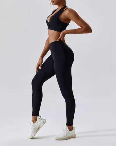 Vista 6 de ABOCIW Conjuntos de entrenamiento para mujer, cuello en V, brasier deportivo, leggings de alta espera con bolsillo, gimnasio, yoga, trajes de 2