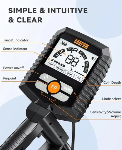 Vista 2 de SUNPOW Detector de metales para adultos y niños, fácil de usar y montar, ligero y divertido para actividades familiares, bobina impermeable de 8