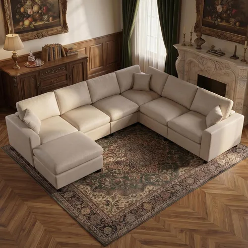 Vista 13 de Sofás modulares de nube seccionales para sala de estar, sofá modular grande con otomana, sofá de 3 plazas en forma de L con almohada, color beige