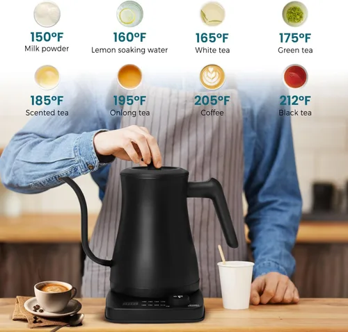 Vista 2 de Hervidor eléctrico de cuello de cisne con control de temperatura, 1 L, 8 ajustes preestablecidos variables, hervidor de café, calentamiento rápido