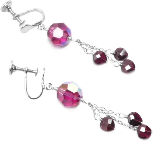 Vista 2 de Garnet Tiny Hearts Fuchsia Crystal Earrings January Birthstone Non Pierced Clip On