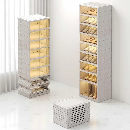 Vista 3 de Organizador plegable para zapatos para armario, 9 niveles, 18 pares, apilable, estante de zapatos plegable con puertas, organizador de zapatos