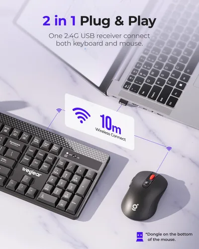 Vista 2 de Combo de teclado y mouse inalámbricos, mouse ajustable de 5 niveles de 4000 DPI, teclado silencioso de tamaño completo de 2.4 G con 8 accesos