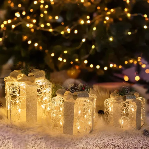 Vista 8 de PEIDUO Cajas de regalo iluminadas de Navidad, juego de 3, decoraciones de regalo al aire libre, paquetes debajo del árbol para interiores, fiestas