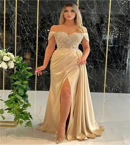 Vista 3 de Vestidos de graduación de sirena con abertura, vestidos de dama de honor con hombros descubiertos, vestidos de fiesta de noche formales para mujer