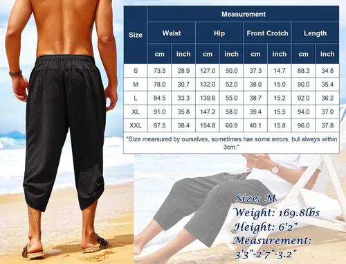 Vista 6 de COOFANDY Pantalones harén de lino para hombre, pantalones capri casuales con cintura elástica, pantalones capri holgados para playa y yoga