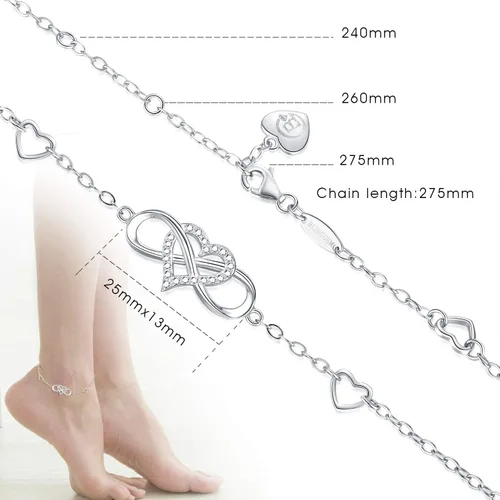 Vista 2 de BlingGem Tobilleras para mujer de plata de ley 925, pulsera de tobillo Infinity Hear con circonita cúbica, oro rosa, verano, playa, elegante cadena