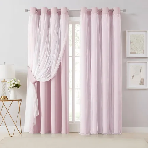 Vista 10 de Bujasso Cortinas 80% Opacas Beige con Superposición de Gasa Mezcla y Combinación Paneles de Ventana con Aislamiento Térmico de Doble Capa de 63