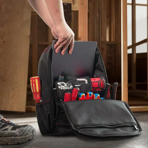 Vista 3 de HAUTMEC HT0407 - Mochila de herramientas con compartimento para laptop, bolsa de herramientas Oxford 1680D resistente a los impactos, 11 bolsillos