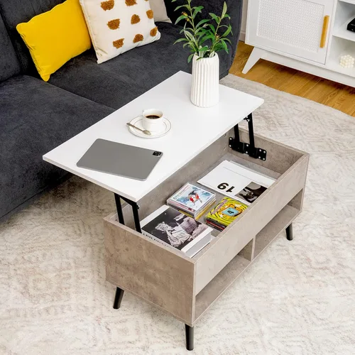 Vista 2 de Tangkula Mesa de centro elevable, mesa de comedor de madera con almacenamiento oculto y 2 estantes abiertos, dispositivo de elevación hidráulica