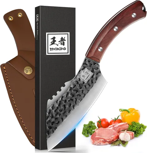 Vista 8 de ENOKING Cuchillo de carnicero de 5.7 pulgadas, cuchillo forjado a mano resistente para huesos con mango de madera, cuchillo de carnicero de espiga