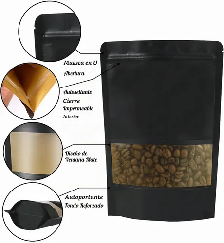 Vista 2 de 100 bolsas resellables, bolsas de papel kraft verticales con ventana mate, bolsas de almacenamiento de alimentos con cierre de cremallera