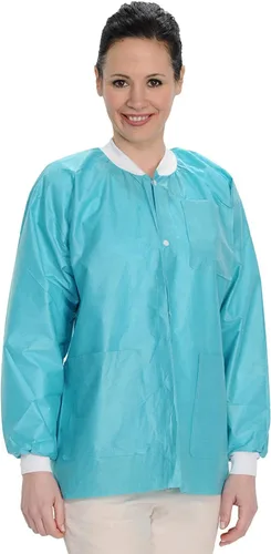 Vista 27 de Paquete de 10 chaquetas desechables de laboratorio, chaqueta médica reutilizable hasta la cadera, unisex, con puños de punto y bolsillos