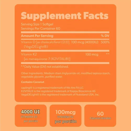 Vista 6 de sapling Suplemento vegano de vitamina D3 + K2 con aceite MCT de coco - 4000 UI de vitamina D y 100 mcg de vitamina K2 como Mk7 - Absorción