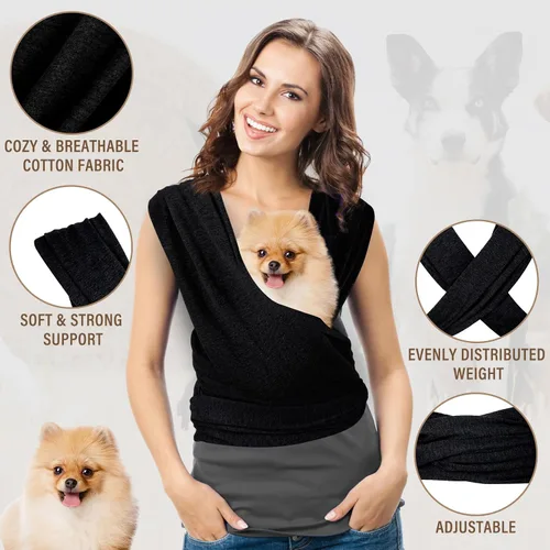 Vista 3 de Transportador para perros, baúl de transporte para gatos, eslinga frontal para perro, manos libres, tamaño ajustable, algodón suave, bolsa para Negro