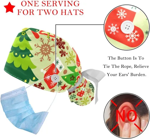 Vista 3 de Paquete de 2 gorras quirúrgicas para mujer con botones, ajustables y elásticos con lazo en la espalda, gorro quirúrgico de muñeco de nieve de Navidad