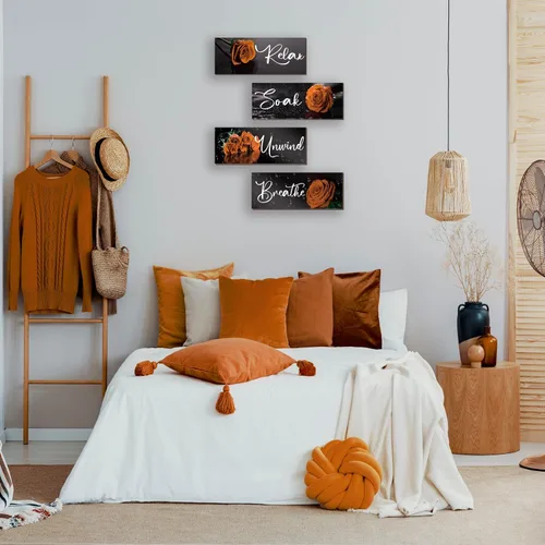 Vista 2 de ZINYAZHE 4 piezas de decoración de baño naranja, decoración de pared de rosas, accesorios de baño de madera naranja con arte de pared para Rosa
