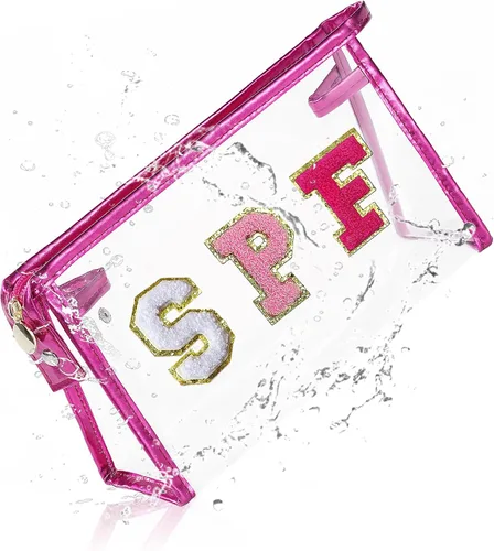 Vista 18 de COSHAYSOO Bolsa de Maquillaje Transparente con Protección Solar, Bolsa de Protector Solar con Parches de Letras, Accesorios Esenciales de Playa