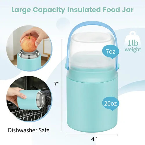 Vista 5 de Termo 2 en 1 para comida caliente con contenedor de aperitivos, contenedor de alimentos aislado de acero inoxidable de 20 onzas con asa y cuchara
