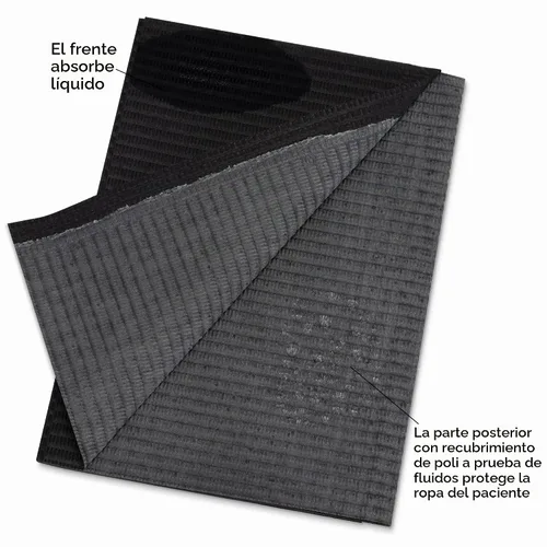 Vista 2 de Practicon Paquete de 125 Baberos Desechables Negros para Pacientes, 18" x 13", Hoja de Babero de Papel Impermeable de 3 Capas con Respaldo