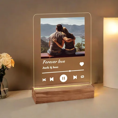 Vista 13 de Placa de acrílico con foto personalizada, regalos para aniversario, San Valentín, cumpleaños, luz nocturna LED personalizable, base de madera