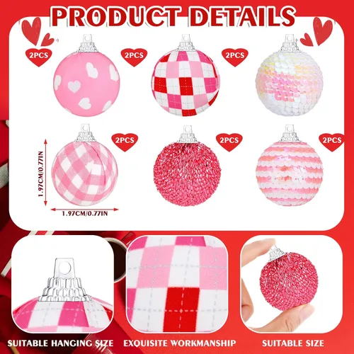 Vista 2 de Zhanmai 12 adornos de bola para el día de San Valentín, mini bolas envueltas de tela rosa de 1.97 pulgadas, adornos decorativos colgantes
