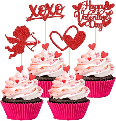 Vista 79 de Ephlyn 24 adornos para cupcakes con purpurina para el día de San Valentín, dulce amor, corazón, día de San Valentín, decoración para cupcakes