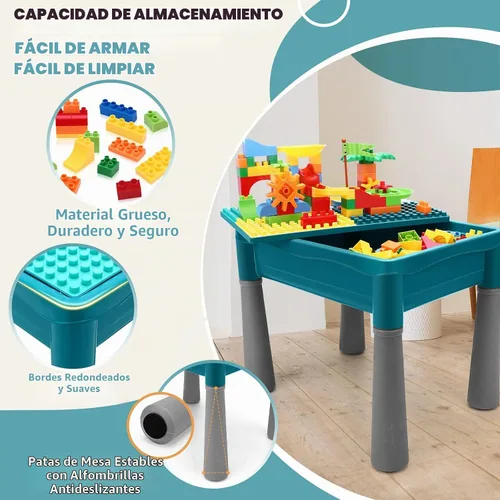 Vista 5 de Mesa de actividades para niños de doble cara con almacenamiento, mesa multiactividad todo en uno, 105 piezas de bloques de construcción con pista