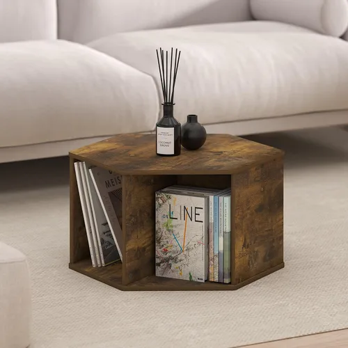 Vista 5 de Furinno - Mesa de café de diseño simple, mesa de café moderna hexagonal con estante abierto, mesa auxiliar vertical u horizontal, para sala de Pino