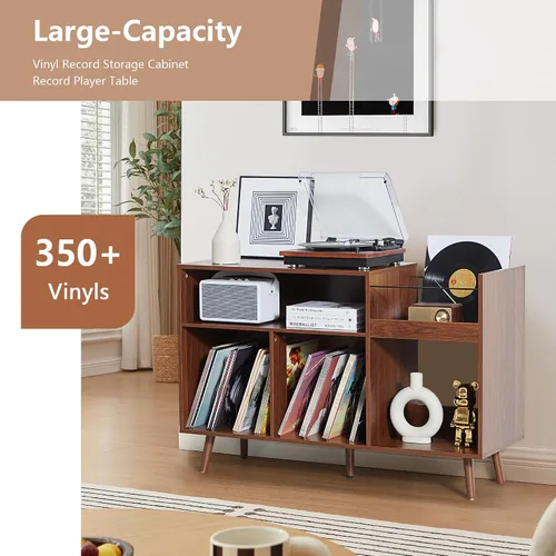 Vista 4 de Soporte para tocadiscos de 45.3 pulgadas con almacenamiento de vinilo, mesa giratoria de madera con capacidad para hasta 350 álbumes, moderno