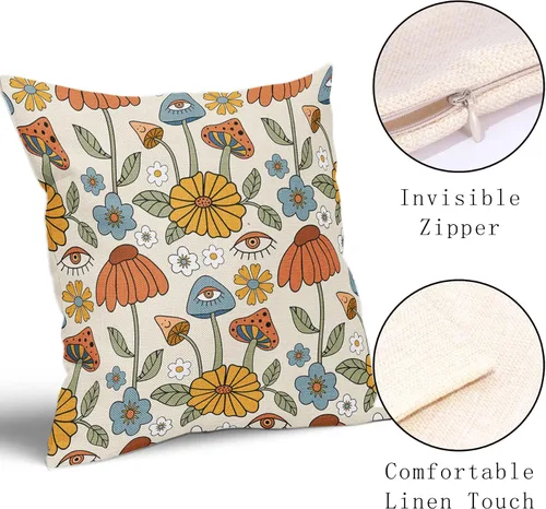 Vista 3 de Juego de 2 fundas de almohada retro bohemias, florales, amarillas y naranjas, de 16 x 16 pulgadas, estilo vintage de los años 70, con bonitos hongos