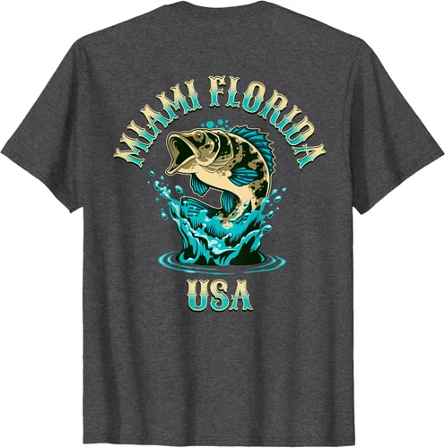 Vista 43 de Camiseta con diseño de pesca en la parte delantera y trasera de Miami Florida USA, Negro