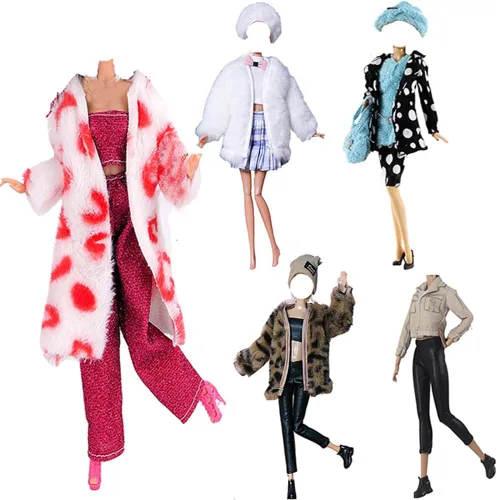 Vista 2 de Ropa de muñeca, 5 trajes de invierno vestidos pantalones bolsa sombrero para muñecas 11.5 pulgadas accesorios estilo aleatorio