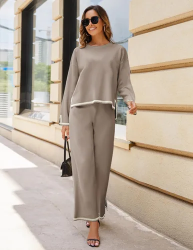 Vista 4 de Lentta Conjunto de 2 piezas de suéter de punto de manga larga para mujer, pantalones de pierna ancha, conjunto de descanso