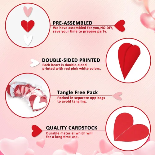 Vista 4 de Guirnalda de corazones rojos y blancos y rosados, no puedes hacerlo tú mismo, suministros de decoración de fiesta del día de San Valentín, guirnalda