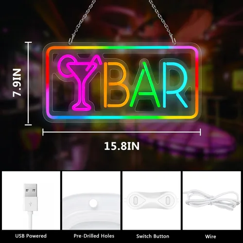Vista 4 de Letrero de neón de barra, letrero LED para decoración de pared, letreros de luz de neón LED para el hogar, luces de barra alimentadas por USB