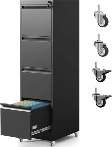Vista 13 de Archivador de 4 cajones con ruedas, archivador de metal con cerradura y ruedas, almacenamiento rodante para oficina en casa, archivadores verticales