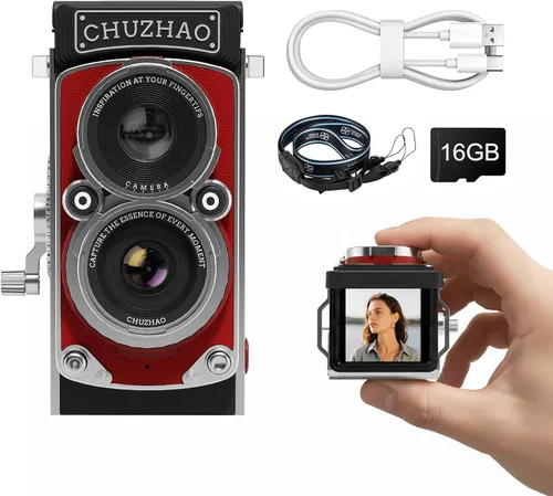 Vista 9 de CHUZHAO - Cámara digital retro con sello de tiempo, estilo TLR portátil vintage 1080p, video FHD de 12 MP, fotos de enfoque automático, mini cámara