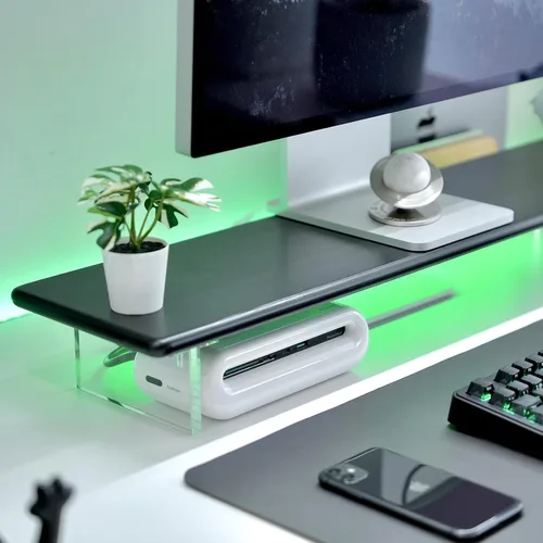 Vista 6 de Soporte elevador de bambú para monitor con luces RGB, estante de escritorio de 31.5 pulgadas con patas acrílicas para escritorio, monitor