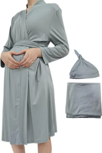 Vista 11 de SUFEINI Conjunto de Bata de Maternidad y Manta Envolvente para Bebé a Juego, Bata de Mamá con Manta Receptora Ropa de Dormir para Niñas y Niños