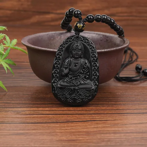 Vista 3 de Obsidian Guardian Buddha Amulet - Zodiac Feng Shui Necklace, symbolizing wisdom and wealth