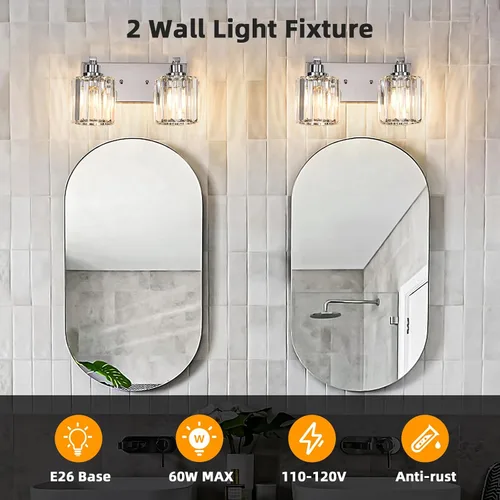 Vista 8 de 2 luces de cristal para tocador de baño, moderna cromada, accesorios de iluminación de baño sobre espejo para espejo base E26