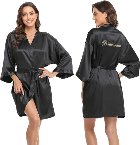 Vista 4 de 5 batas de satén para mujer, para novia, dama de honor, kimono, con bordado, ropa de dormir