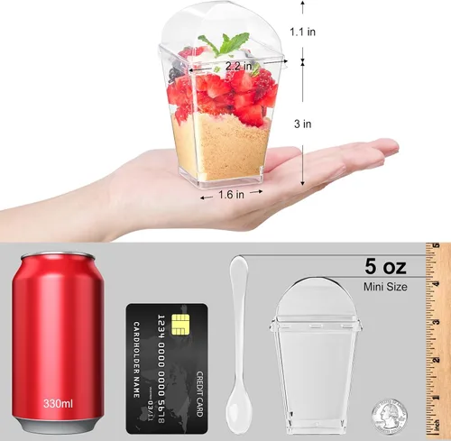 Vista 2 de TOFLEN Paquete de 100 tazas de postre de plástico de 5 onzas con tapas de cúpula para fiestas, mini tazas de postre con cucharas, taza disparadora