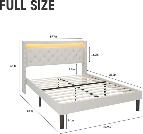 Vista 2 de Vabches Base de cama de tamaño matrimonial con cabecera LED, plataforma tapizada de terciopelo con luces y estación de carga, cabecera